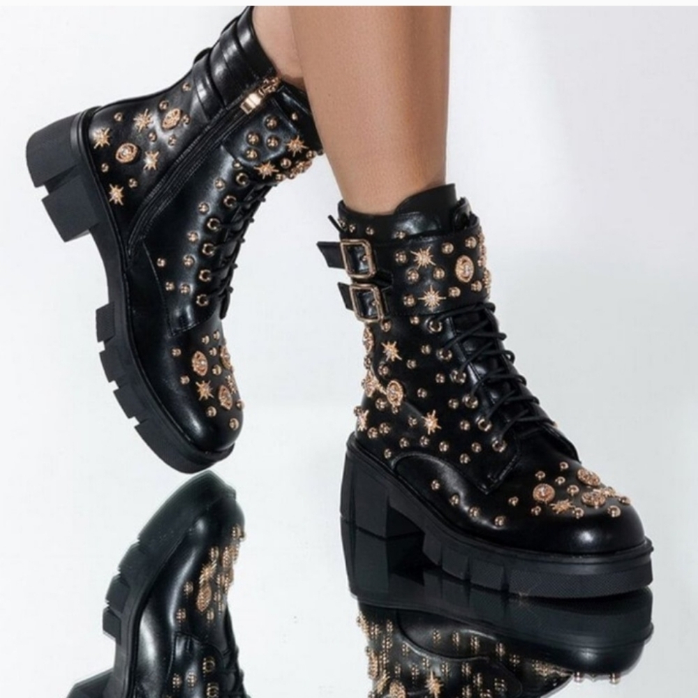 AZALEA WANG "CELESTIAL TRANQUILITY" Studded Black Combat Boots